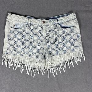 L.e.i. Y2K Low Rise‎ Boho Crochet Lace Fringe Festival Denim Shorts Womens M / L